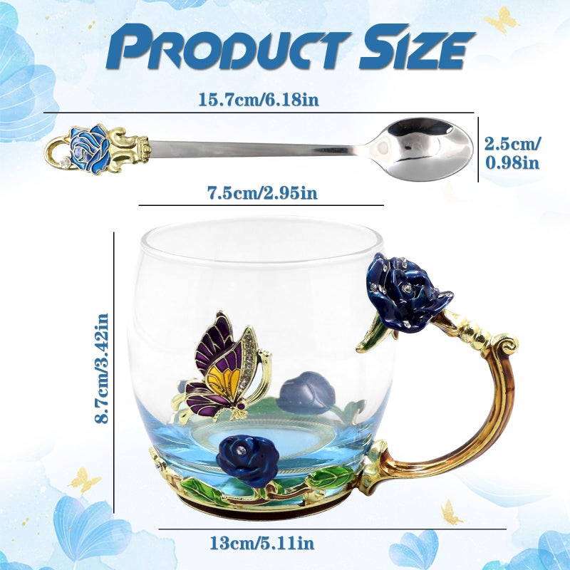 VANUODA Enamels Butterfly Flower Tea Cup,Glass Coffee Mug,Valentines Mothers Day Graduation Birthday Present Christmas Gifts for Women Mom Her Teacher - Image 2